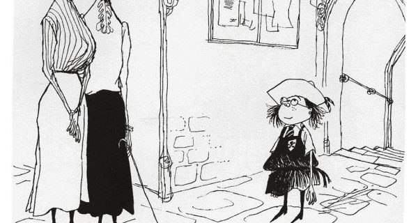 Cartoon of young schoolgirl in front of teachers with text "we'd better get her examined - she's resolved to be good."