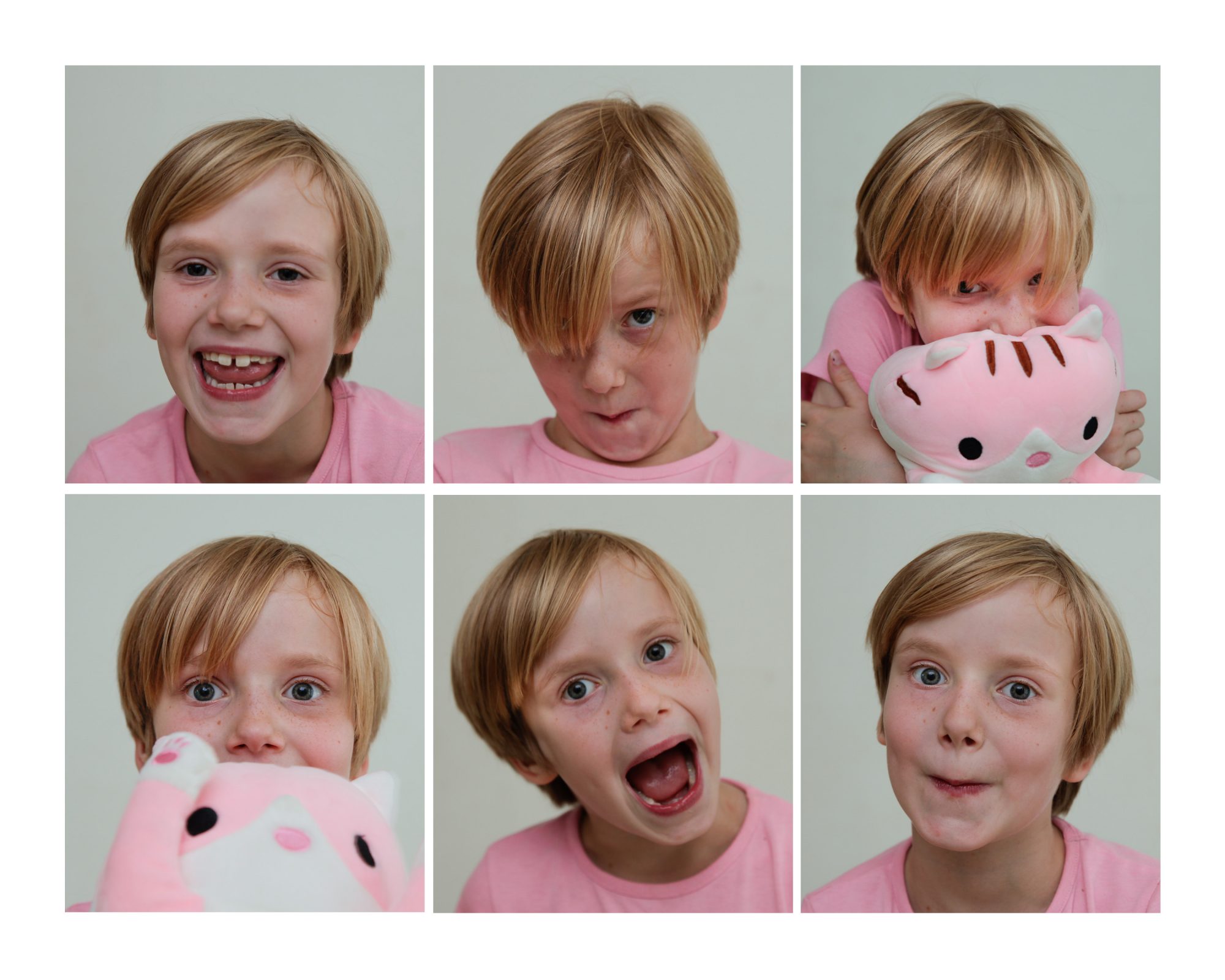 Sequence of passport style portraits of a young girl pulling funny faces