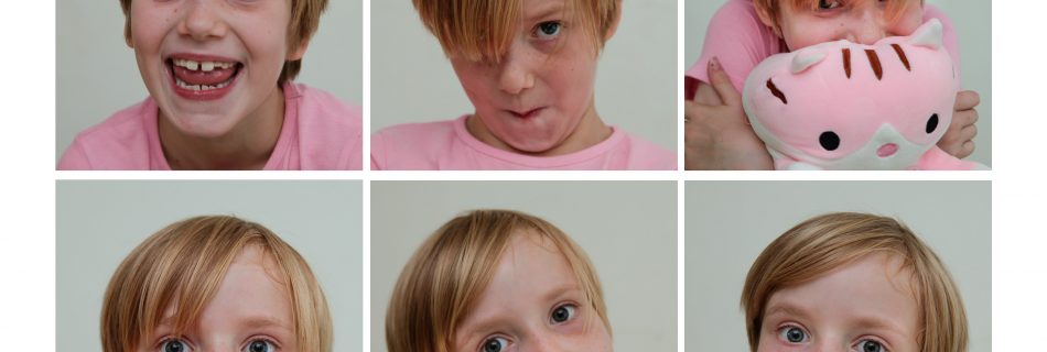 Sequence of passport style portraits of a young girl pulling funny faces