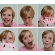 Sequence of passport style portraits of a young girl pulling funny faces
