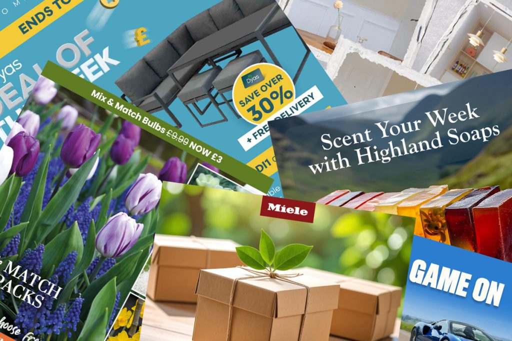 Decorative montage of images of email offers from Miele, Omaze, Dobbies, Highland Soap Co., Las Sola-DE and Robert Dyas