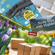 Decorative montage of images of email offers from Miele, Omaze, Dobbies, Highland Soap Co., Las Sola-DE and Robert Dyas