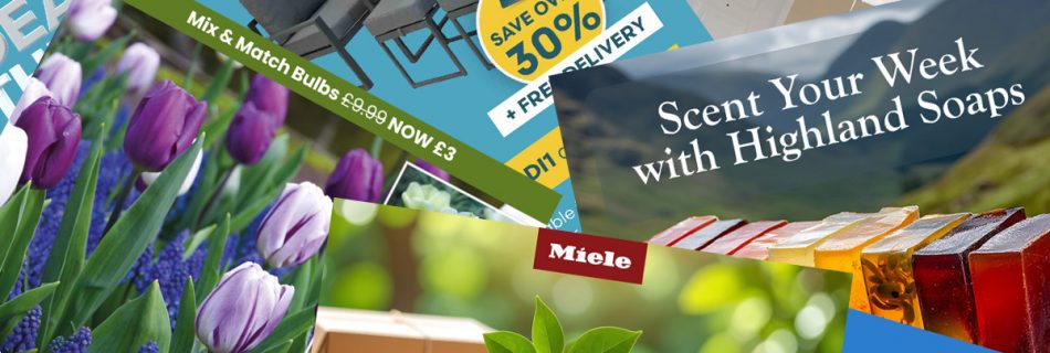 Decorative montage of images of email offers from Miele, Omaze, Dobbies, Highland Soap Co., Las Sola-DE and Robert Dyas