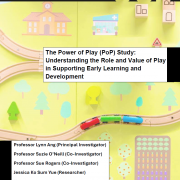 Front cover of the report 'The Power of Play (PoP) Study'. Graphic of wooden brio train tracks running over yellow surface printed with simple graphics for school, hospital, trees, field, etc.