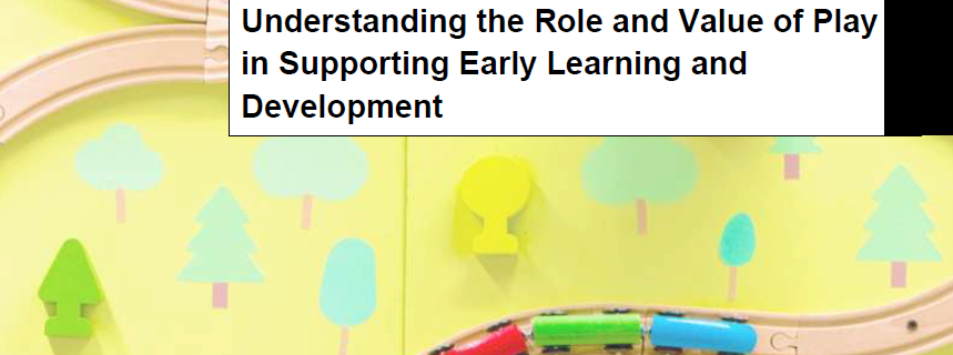 Front cover of the report 'The Power of Play (PoP) Study'. Graphic of wooden brio train tracks running over yellow surface printed with simple graphics for school, hospital, trees, field, etc.