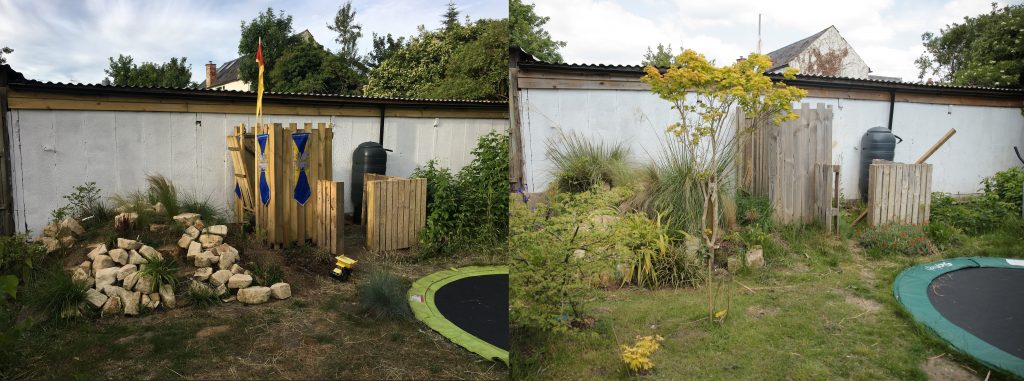 Side by side images, one just after being built the other year or so later of a planted mound and wooden hand made children's play castle with drawbridge.